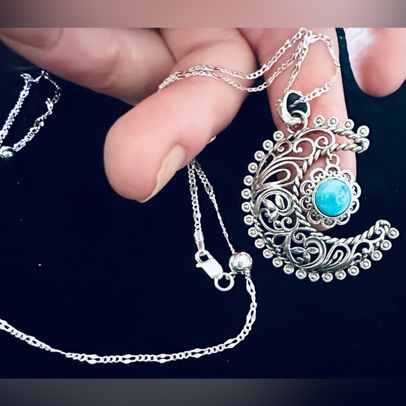Genuine Blue Ridge Turquoise Crescent Moon SS Pendant on SS Chain Necklace NWT - Picture 10 of 12
